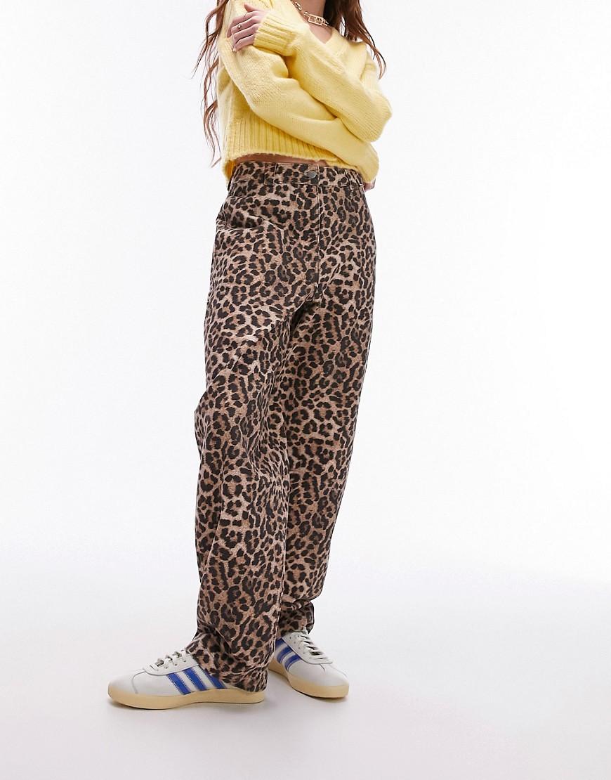 Topshop crew leopard straight leg trouser in multi