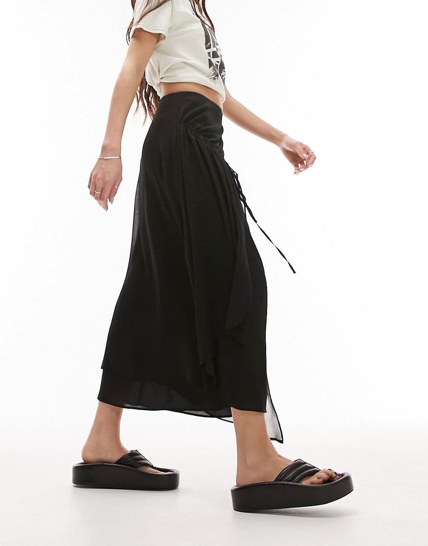 Topshop crinkle yoryu asymetric soft midi skirt in black