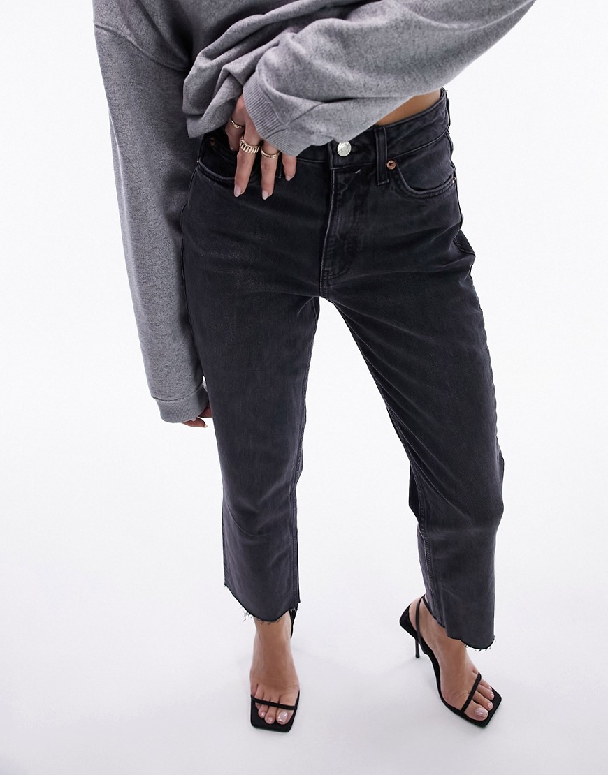Topshop cropped mid rise with raw hems straight jean in wwashed black