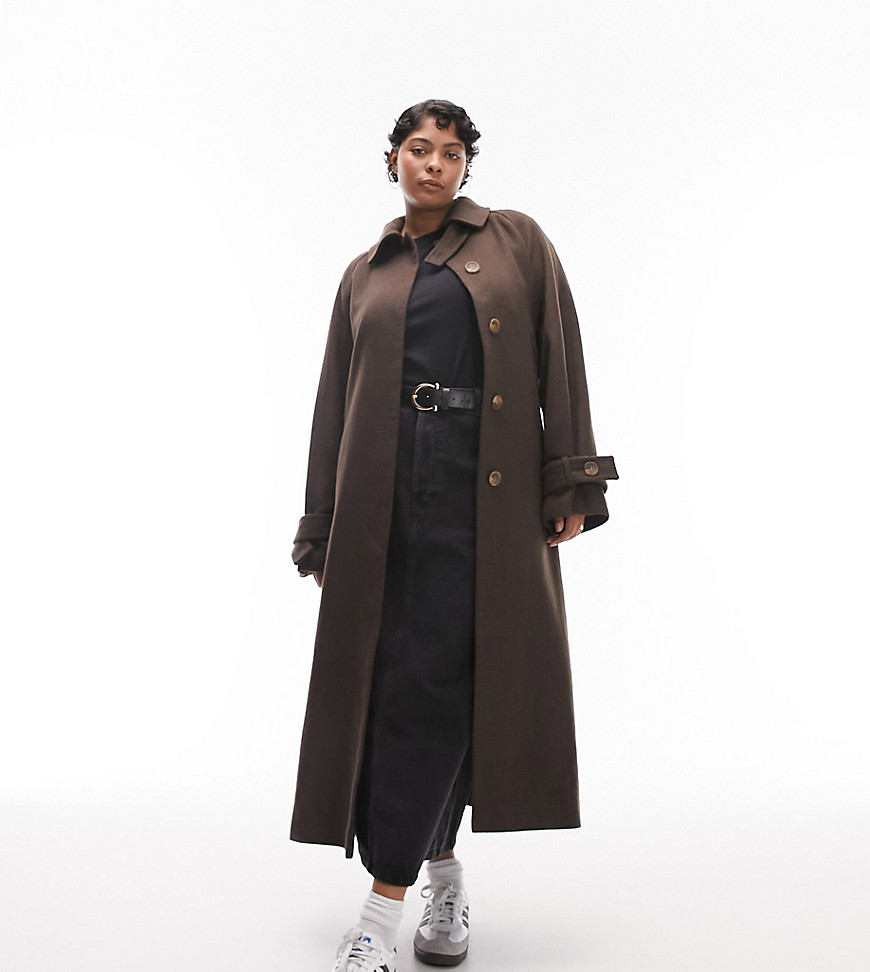 Topshop Curve long-lined belted brushed trench coat in chocolate-Brown