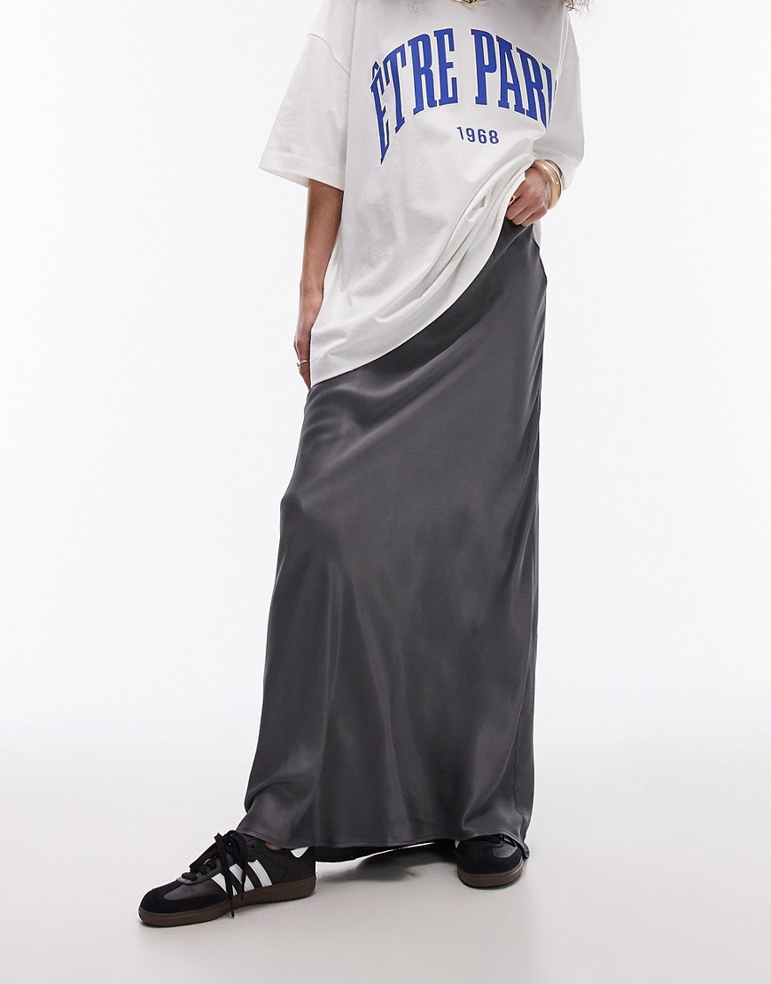 Topshop drawstring satin bias maxi skirt in charcoal-Grey