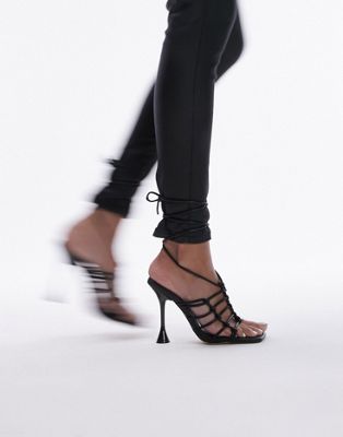 Ella caged heeled sandal with ankle tie in black