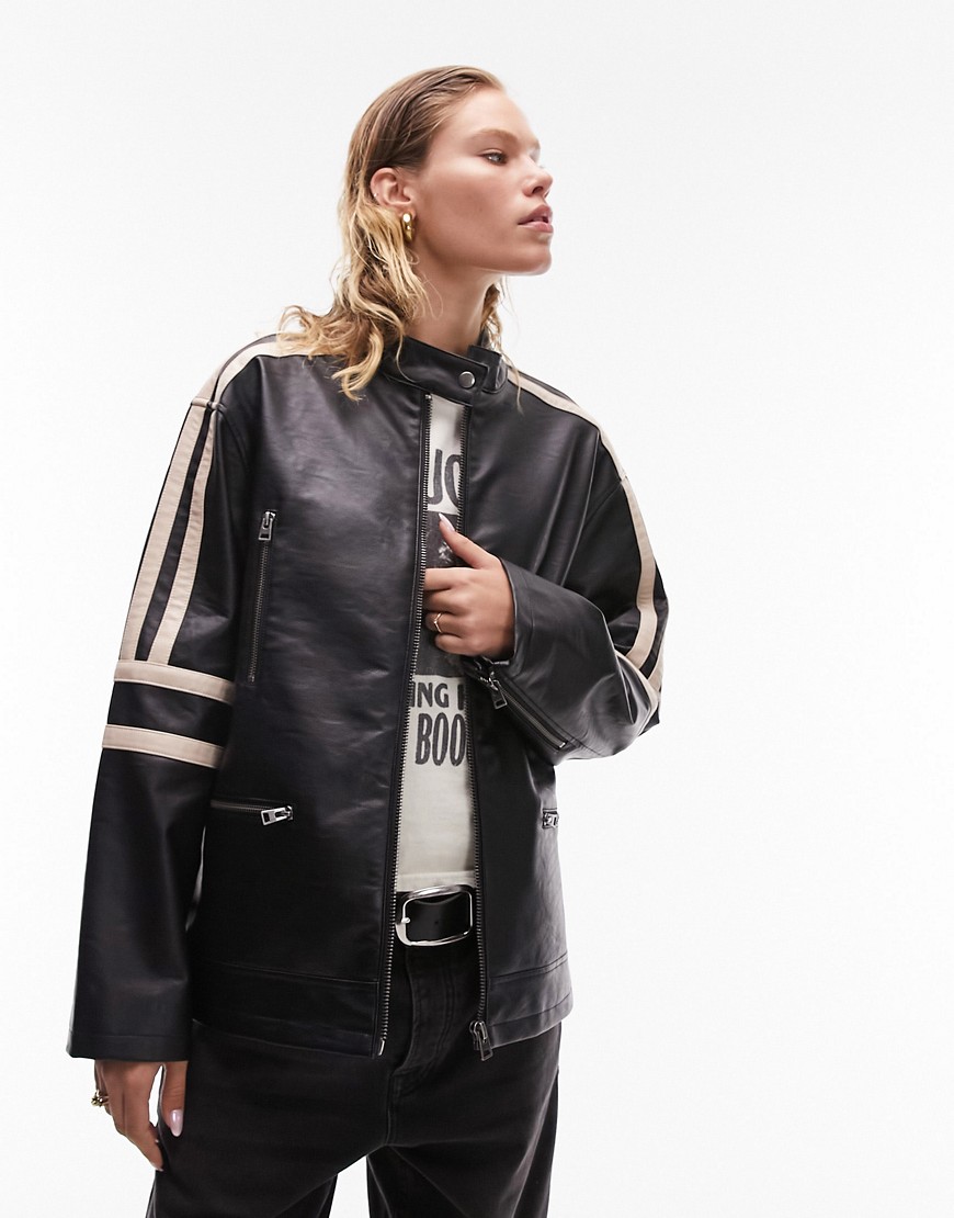 Topshop faux leather oversized moto jacket in black