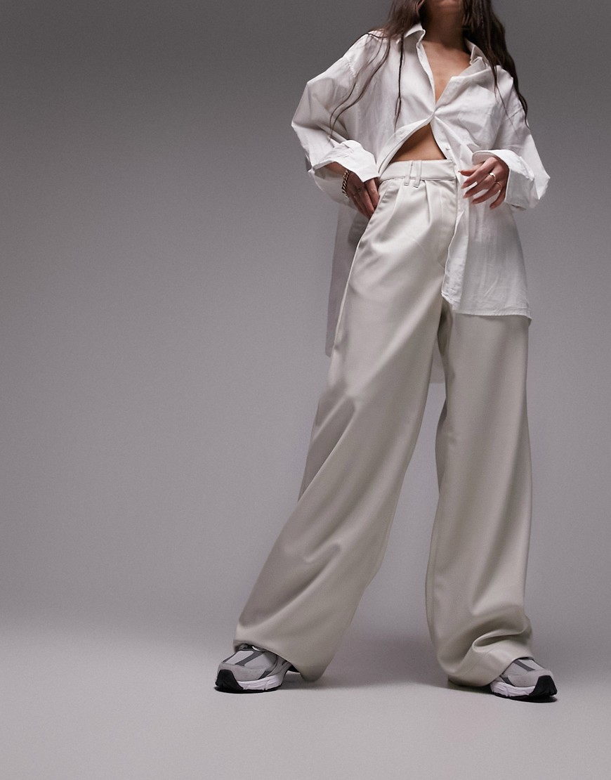 Topshop faux leather super wide tailored trouser in ecru-White