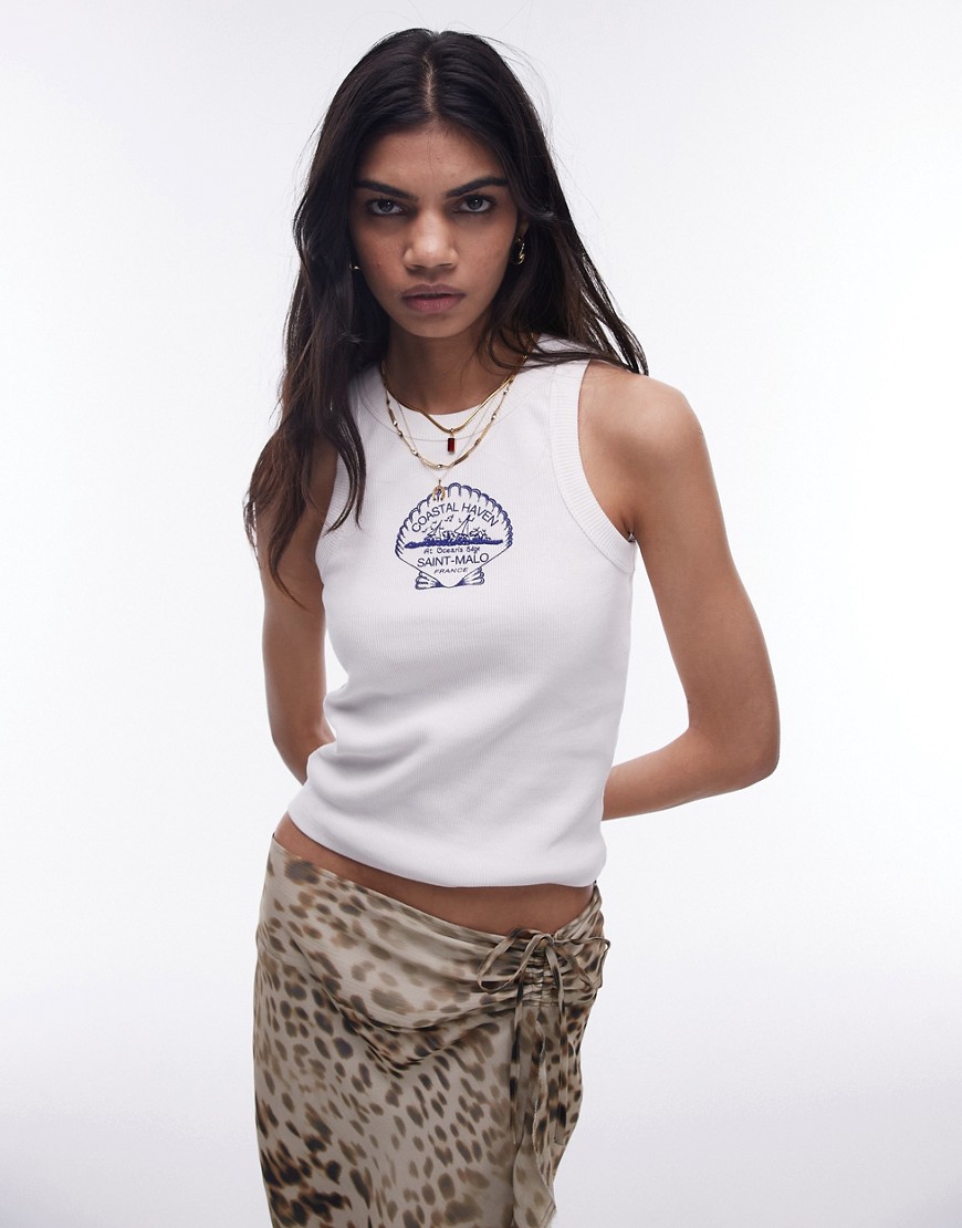 Topshop graphic embroidered shell tank top in white