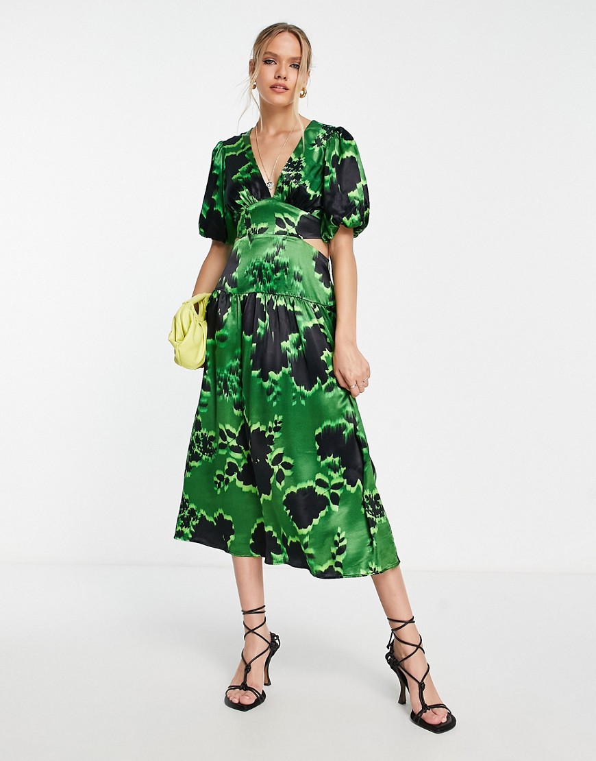 Topshop graphic floral cut out waist midi dress in green