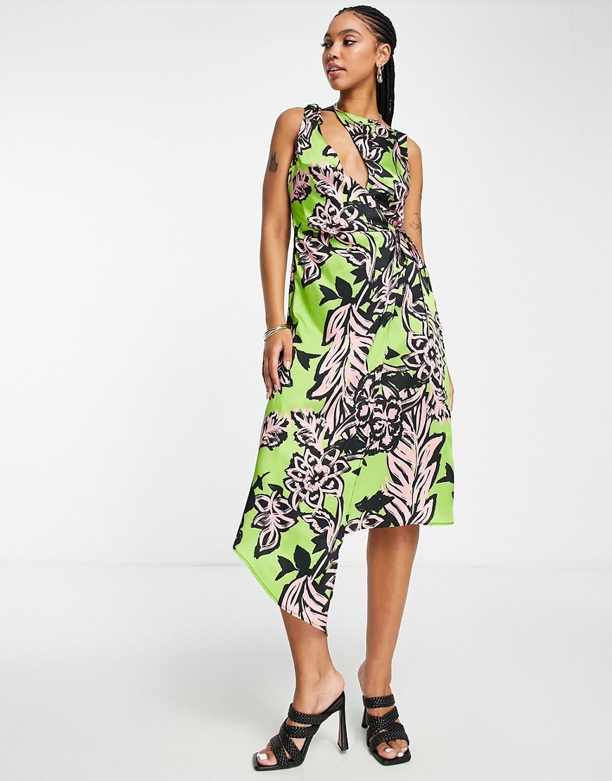 Topshop graphic floral wrap midi dress in green and pink-Multi