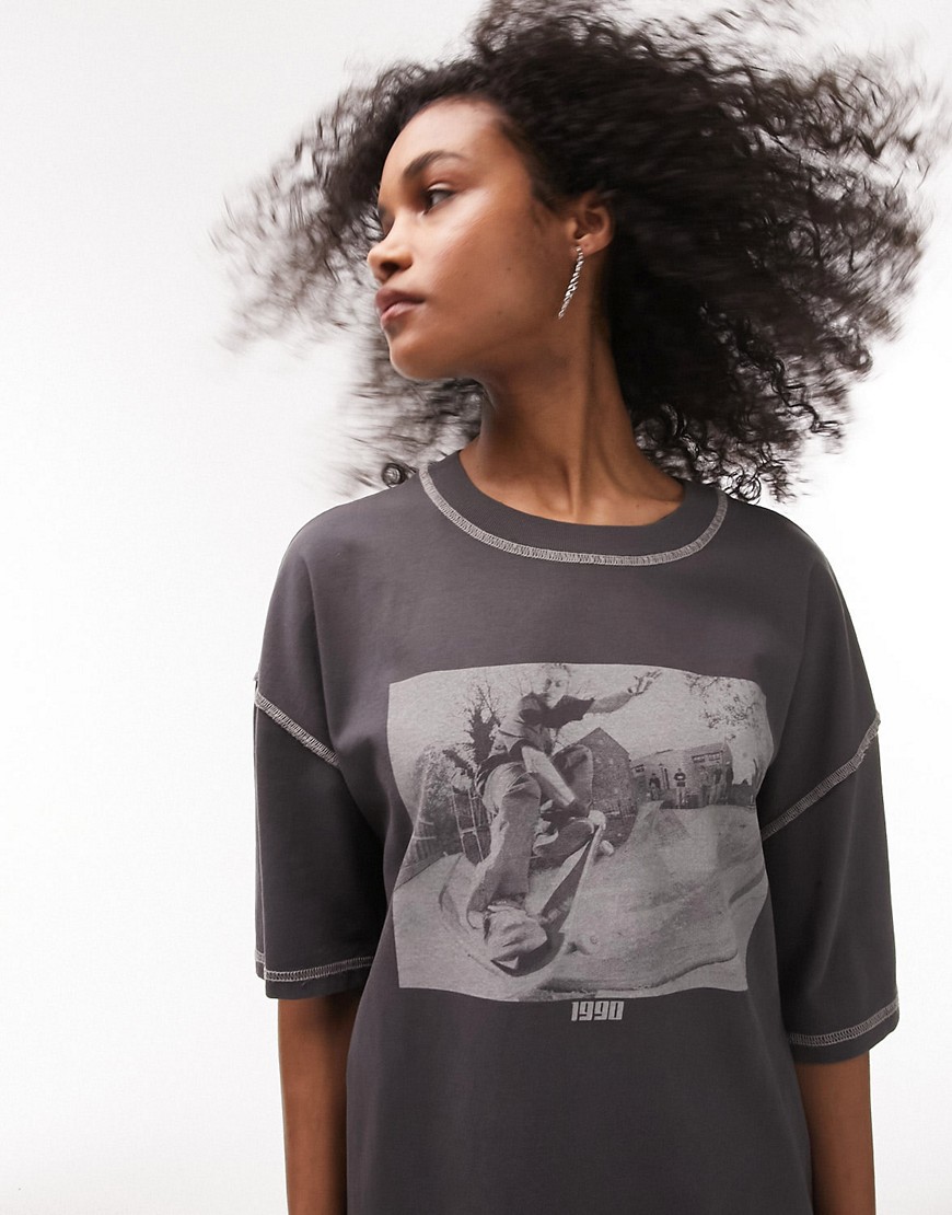 Topshop graphic license Museum of Youth Culture skate boarder oversized tee in slate-Black
