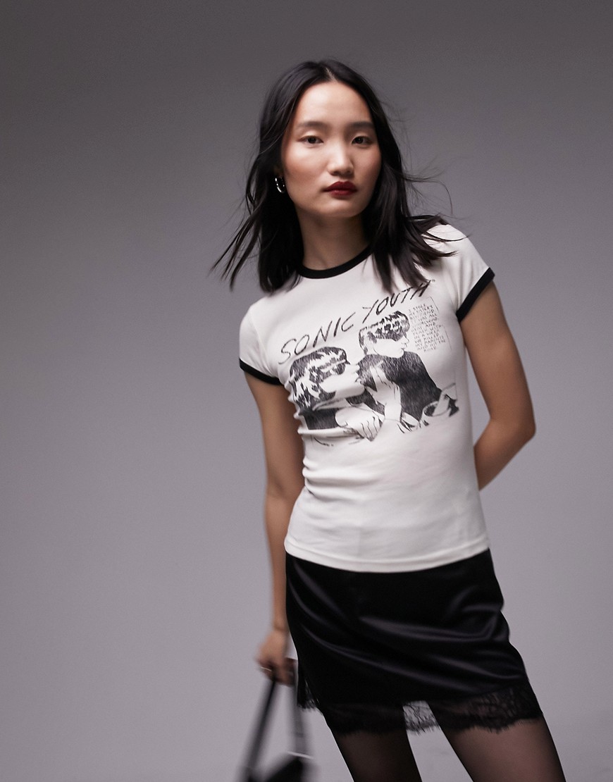 Topshop graphic license sonic youth longline tee ecru-White