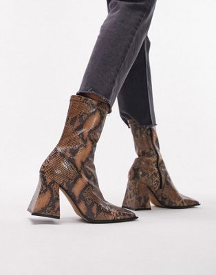 Topshop Honey premium leather block heel ankle boot in snake-Multi