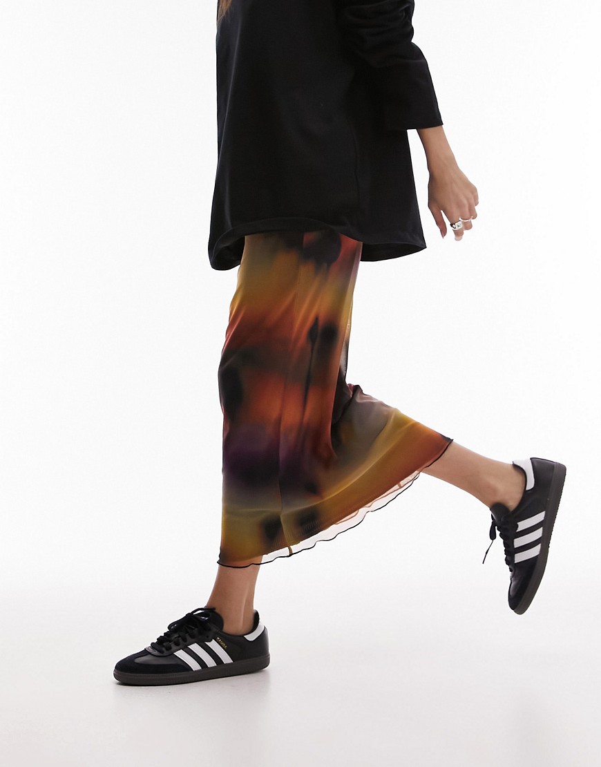 Topshop jersey mesh maxi skirt with tie waist detail in abstract tie-dye-Multi