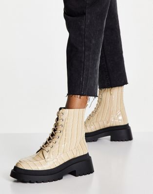 Kara Chunky Croc Lace Up Boot in Off White