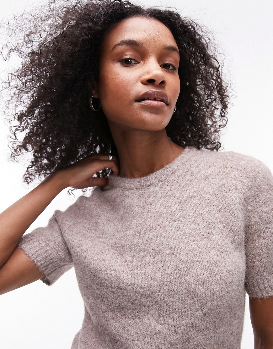 Topshop knitted fluffy t-shirt in stone-Neutral