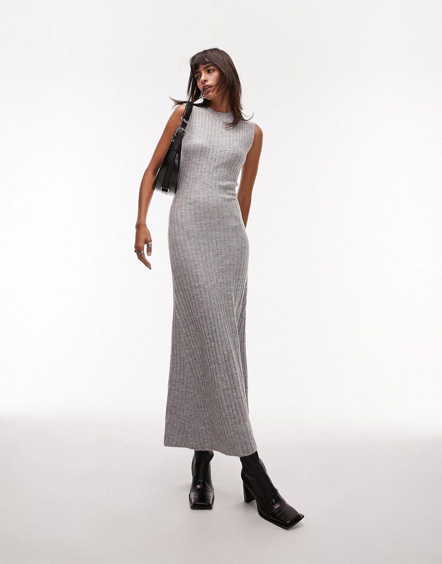 Topshop knitted sleeveless midi dress in grey