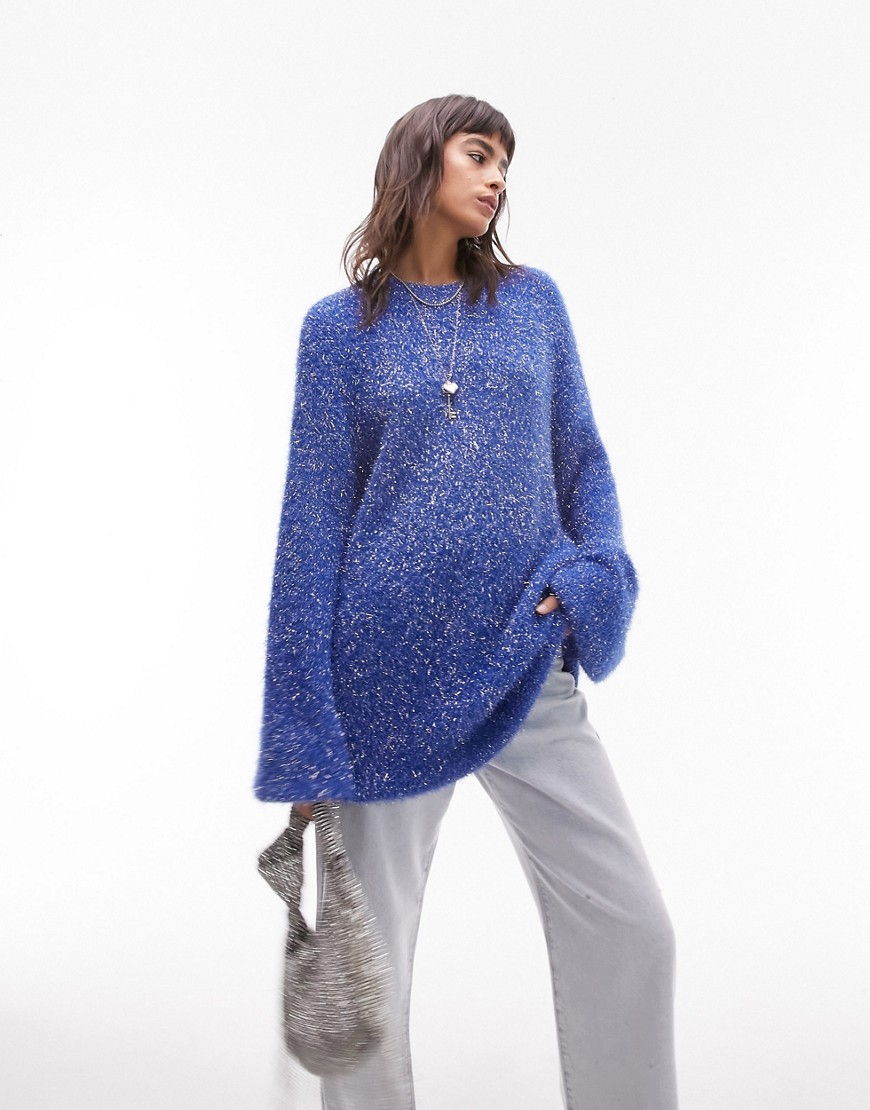 Topshop knitted tinsel oversized jumper in blue