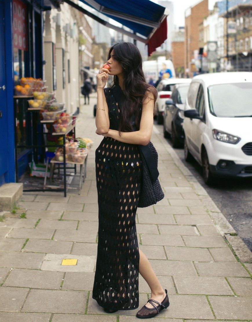 Topshop knitted wave stitch column maxi dress in black