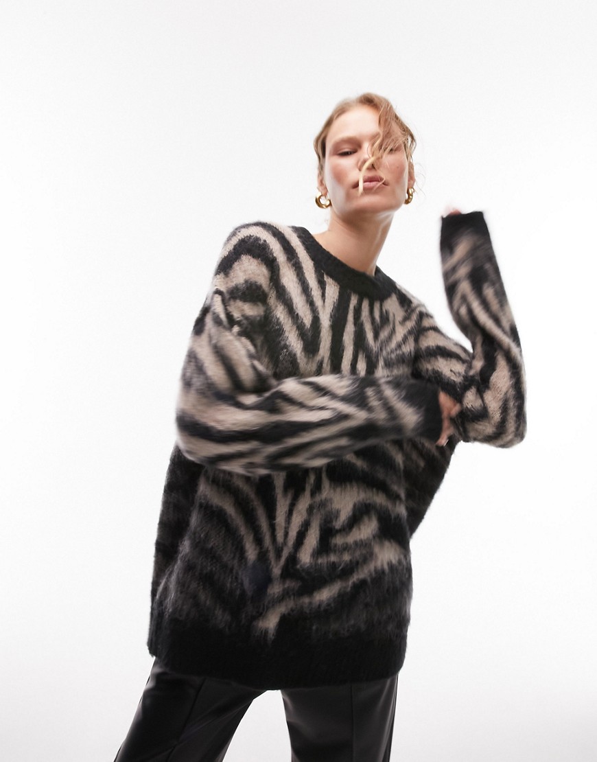 Topshop knitted zebra print fluffy jumper in neutral