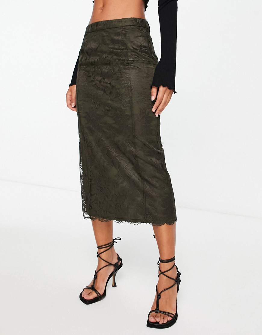 Topshop lace midi skirt in khaki-Green
