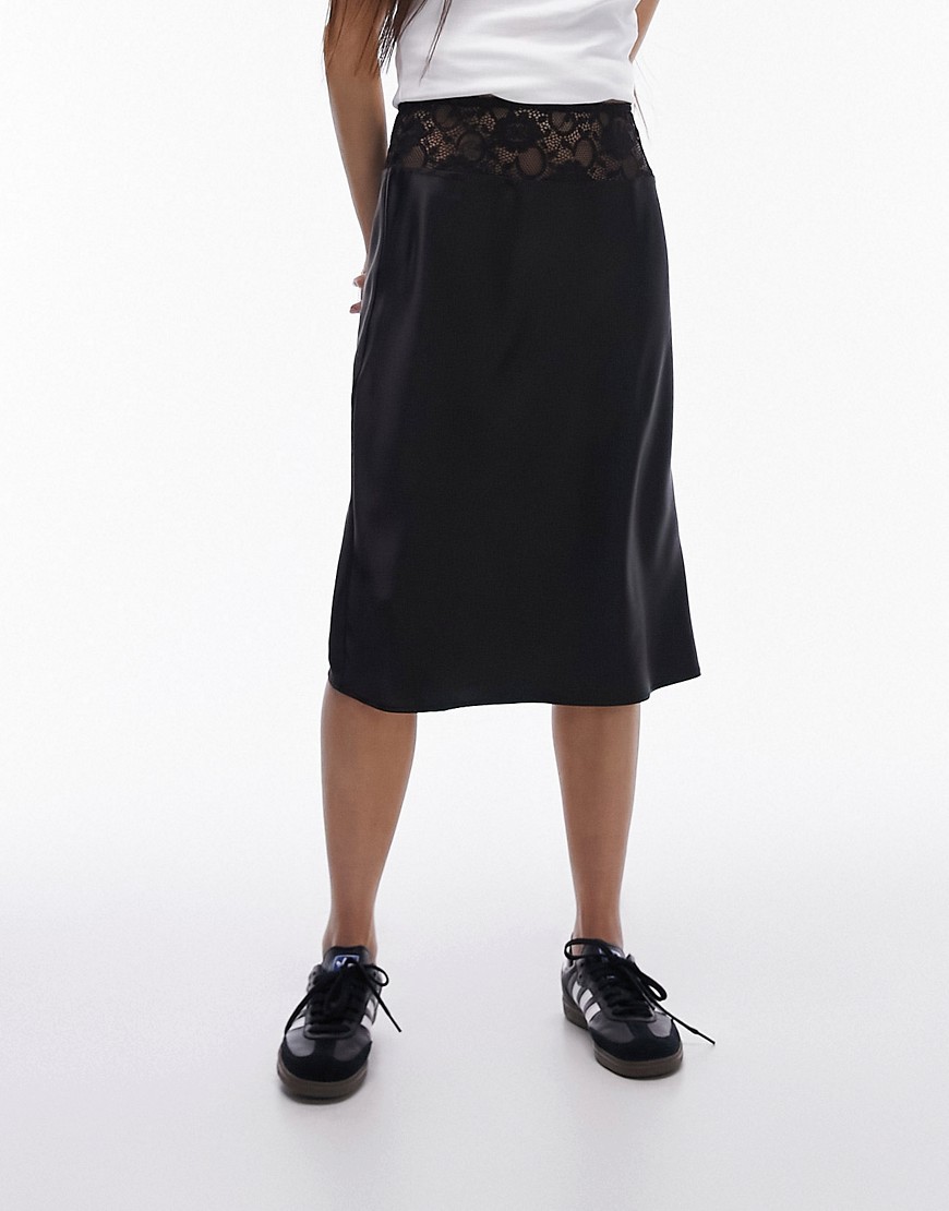 Topshop lace waistband insert 90s length satin bias skirt in black