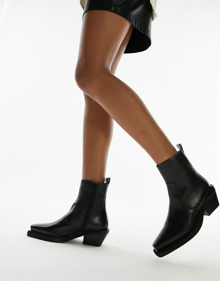 Topshop Lara leather western style ankle boot in black lizard-No colour