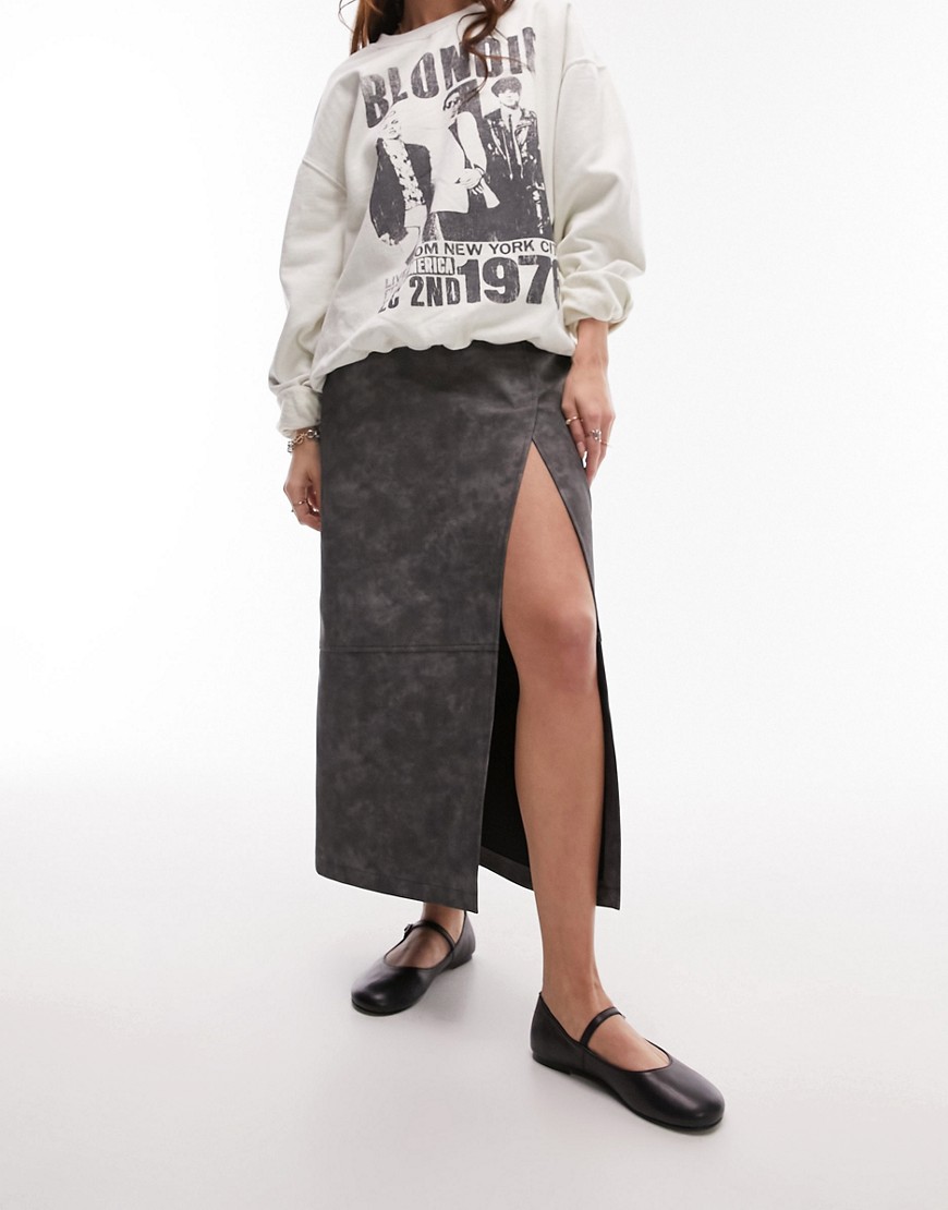 Topshop leather look split seam midi skirt in distressed grey