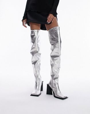 LIMITED EDITION Freya premium leather thigh high square toe boot in silver