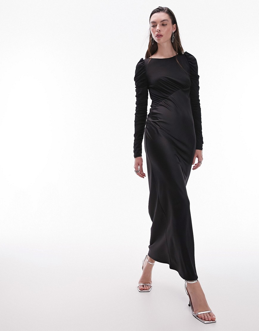 Topshop long sleeve satin and jersey maxi dress in black