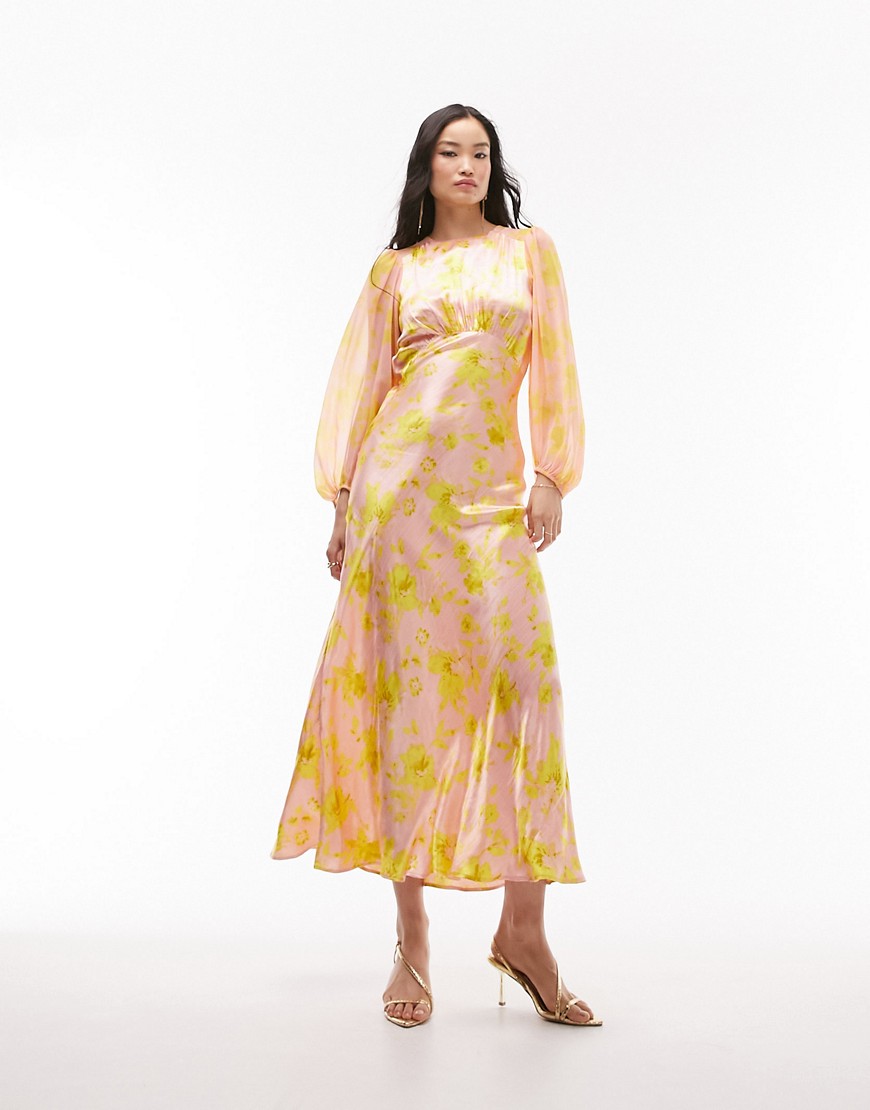 Topshop long sleeve satin maxi dress with bust seam in pink print-Multi