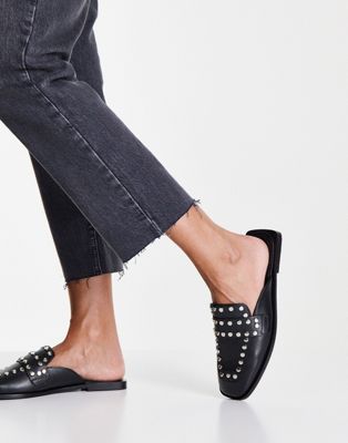 Lotus studded leather loafer mule in black