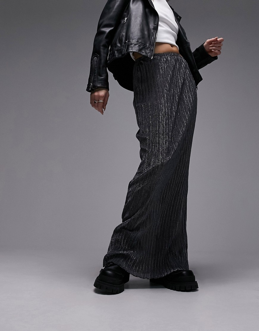 Topshop maxi skirt in crinkle metallic in gunmetal-Grey