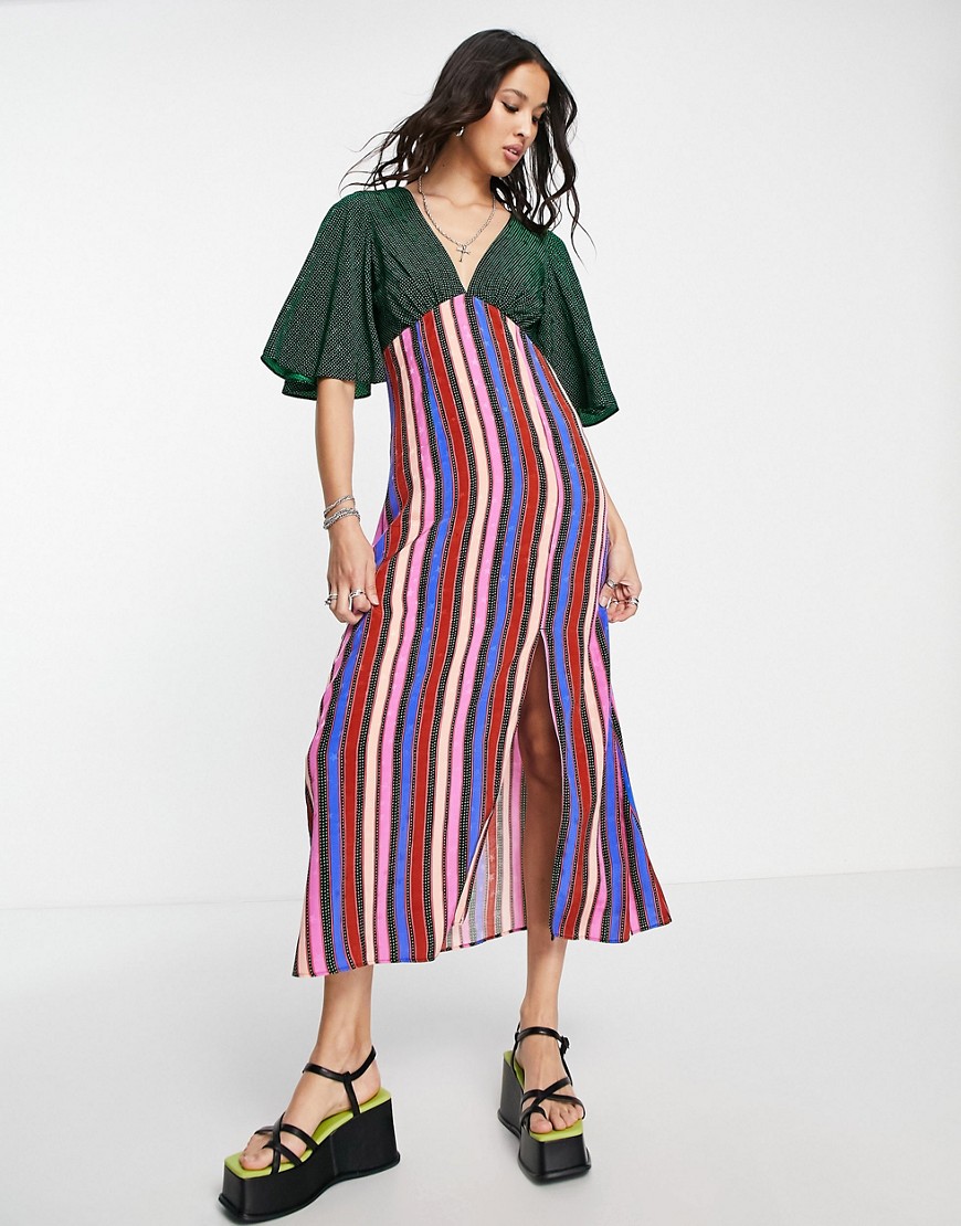 Topshop mix and match stripe angel sleeve midi dress in multi