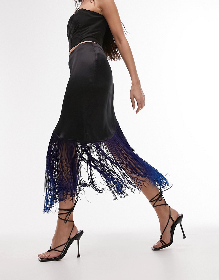 Topshop ombre fringe midi skirt in blue and black