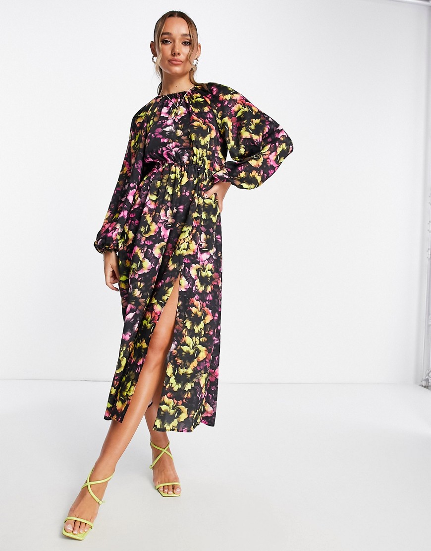 Topshop open back gathered waist printed neon floral midi dress in multi