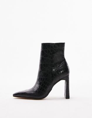 Ophelia pointed high heel ankle boot in black croc