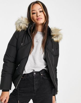 Topshop padded coat with faux fur hood in black - Click1Get2 Mega Discount