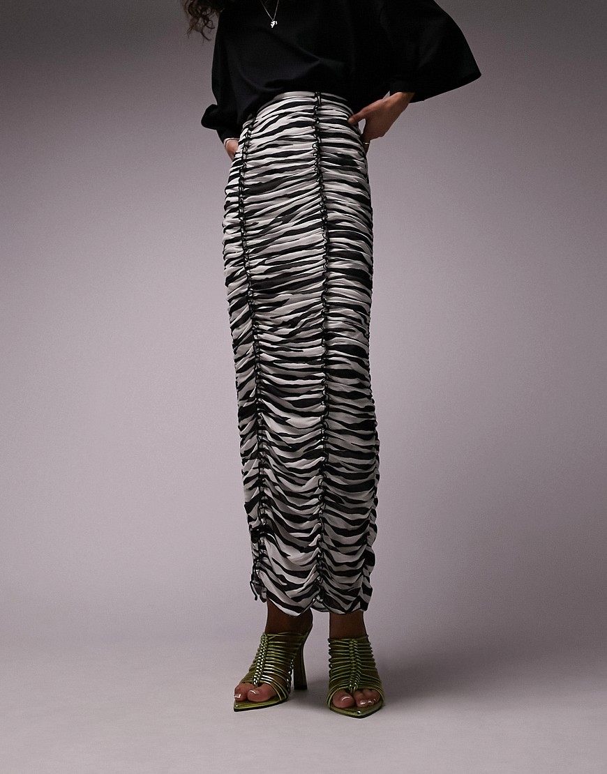 Topshop premium contrast seamed ruched zebra print midi skirt in black and white