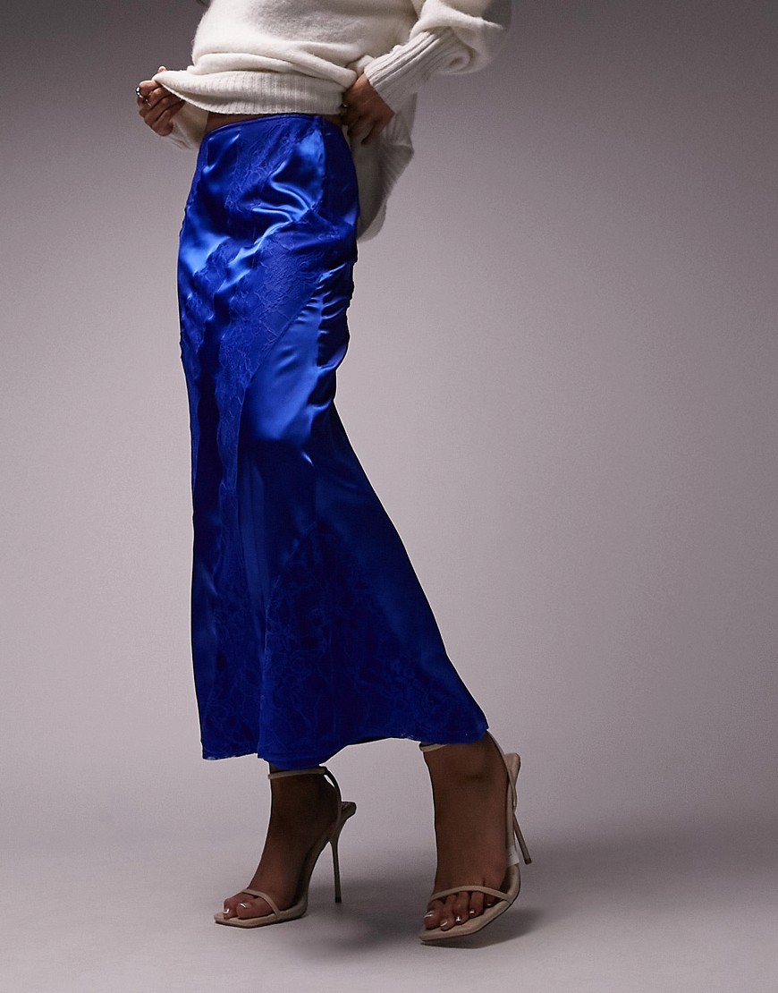 Topshop premium lace satin midi skirt in cobalt-Blue