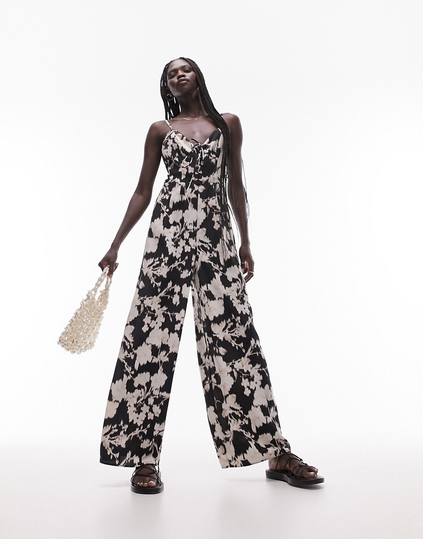 Topshop printed lace up jumpsuit in mono floral-Multi