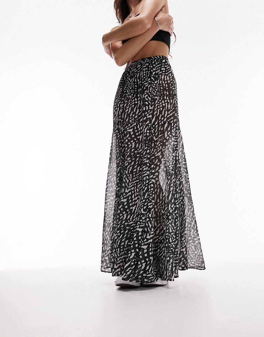 Topshop printed sheer maxi skirt in monochrome-Multi