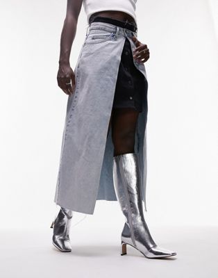Raven square toe heeled knee high boot in silver