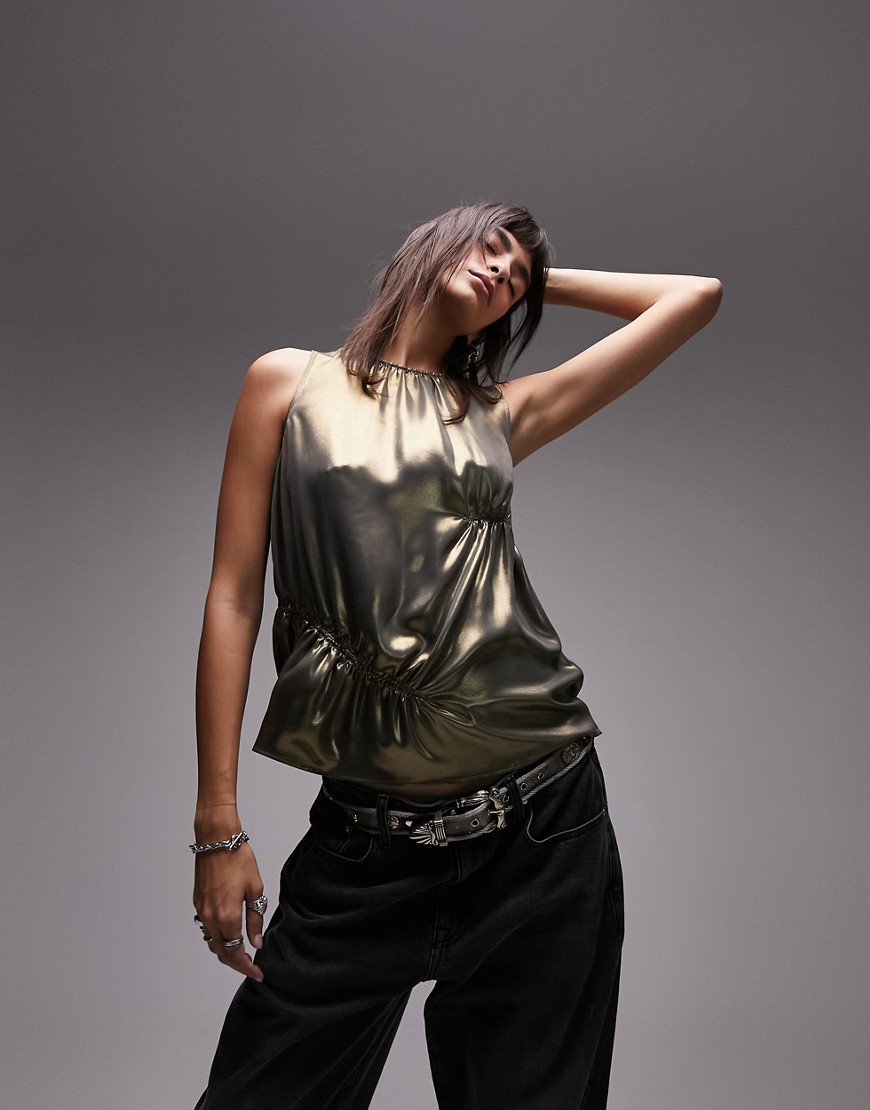 Topshop ruched foil top in gold
