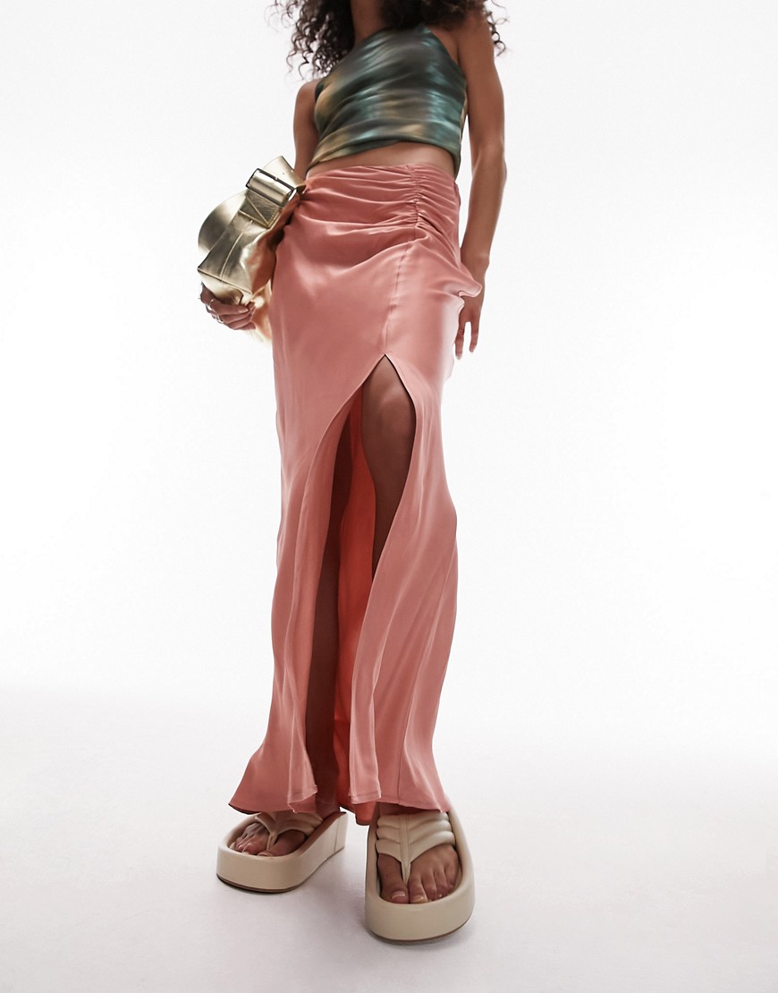 Topshop ruched side maxi skirt in rose-Pink