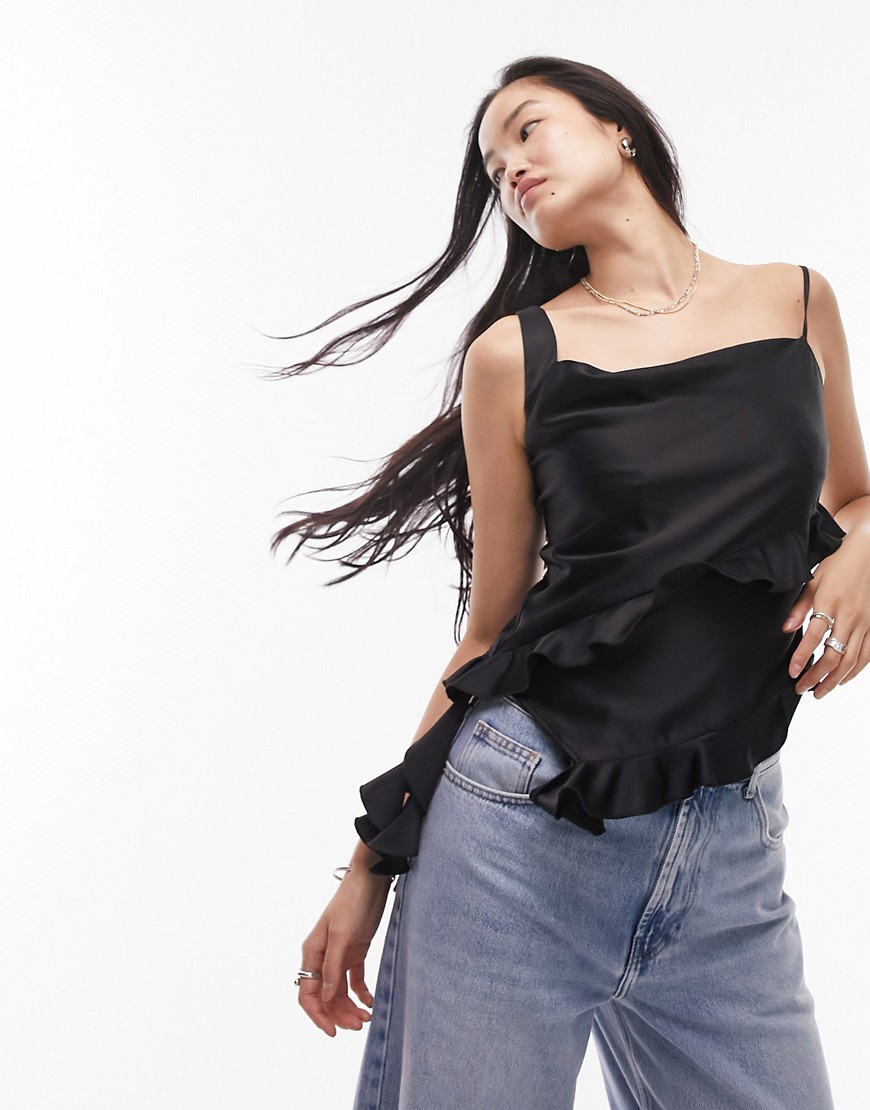 Topshop ruffle front cami top In black