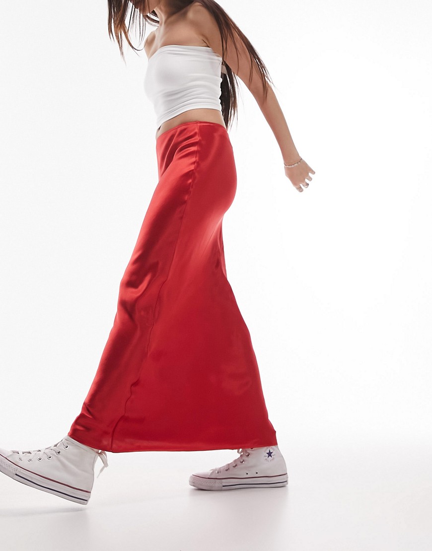 Topshop satin bias maxi skirt in deep red