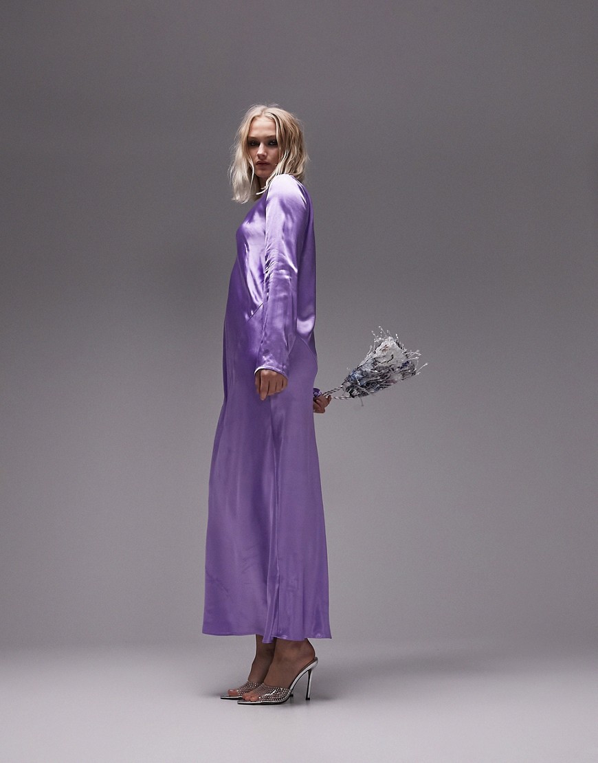 Topshop seamed long sleeve midi dress in lilac-Purple