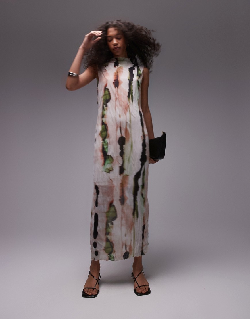 Topshop sleeveless crinkle midi dress in abstract art print-Multi