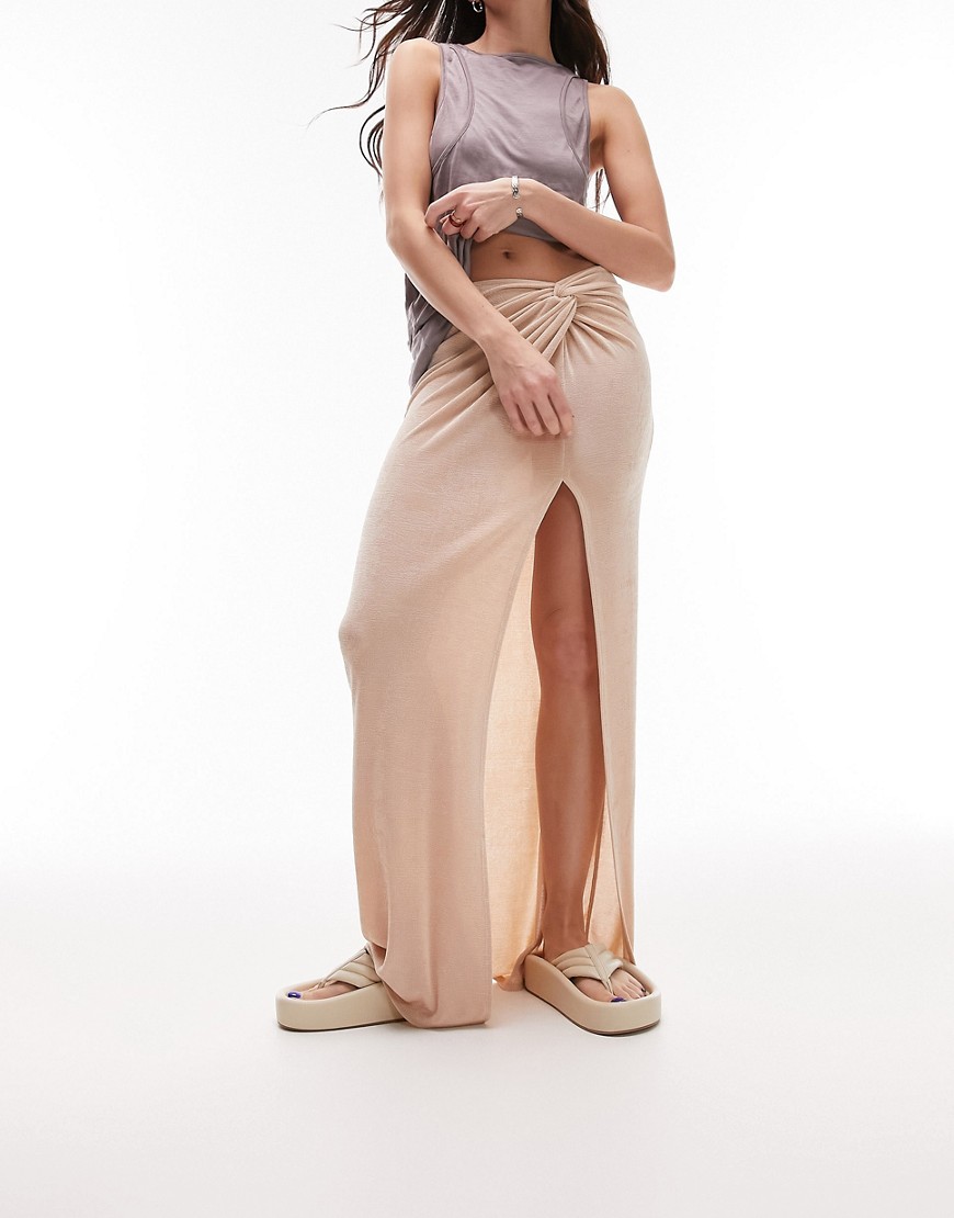 Topshop slinky twist front maxi skirt in stone-Neutral
