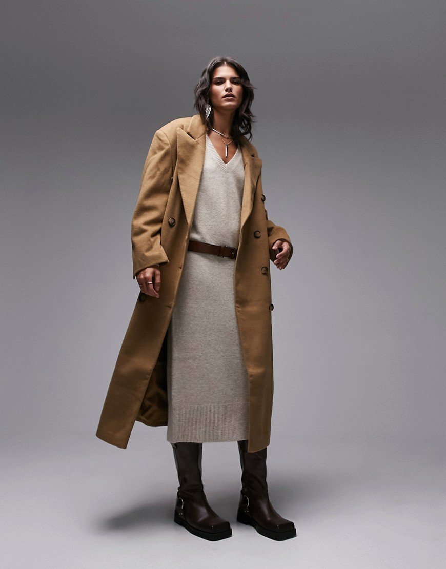 Topshop smart oversized longline coat in camel-Neutral