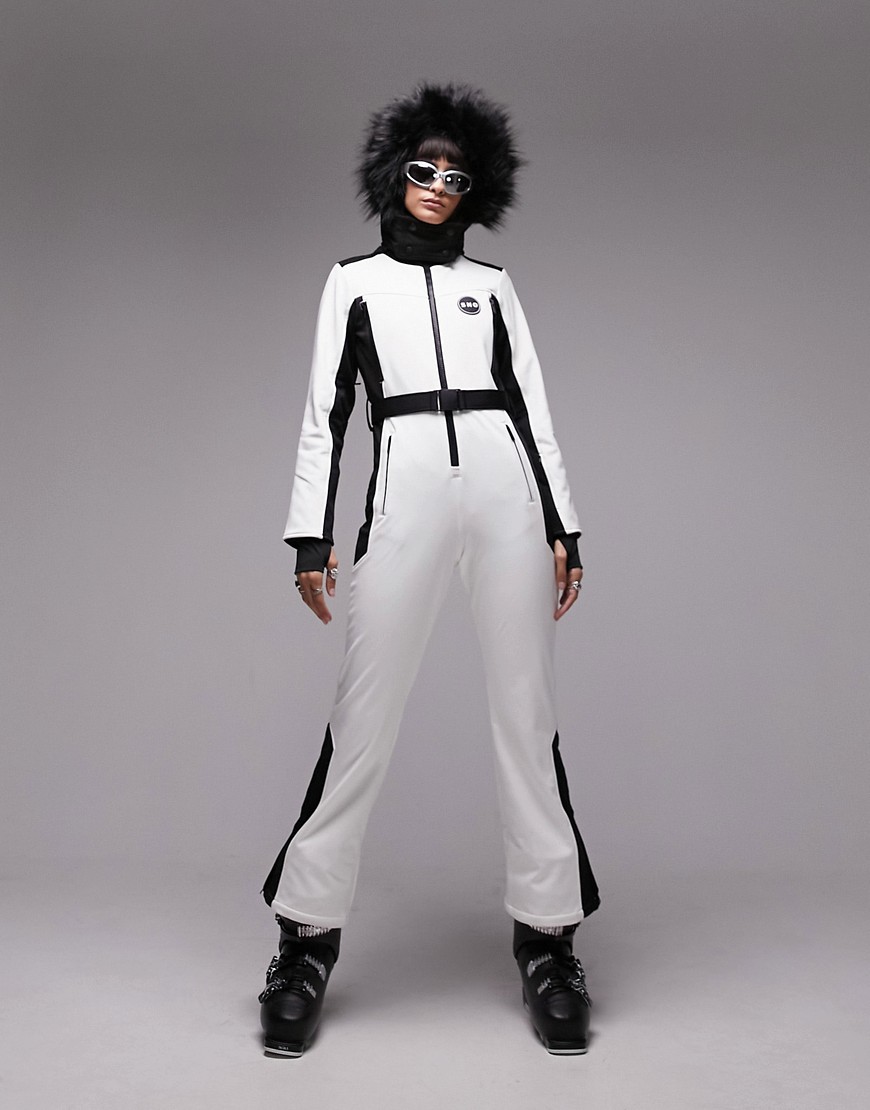 Topshop Sno ski suit with fur hood & belt in white