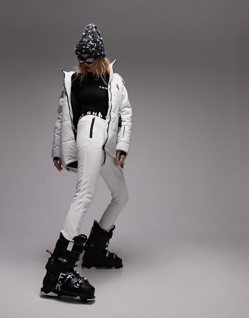 Topshop Sno stretch slim leg ski trouser with stirrups in ecru-White
